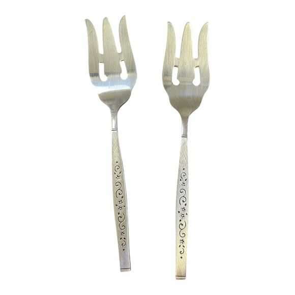 Vintage Oneida Ltd GENOA Stainless Serving Fork Set Of 2 Floral MCM Made In USA - Picture 7 of 7